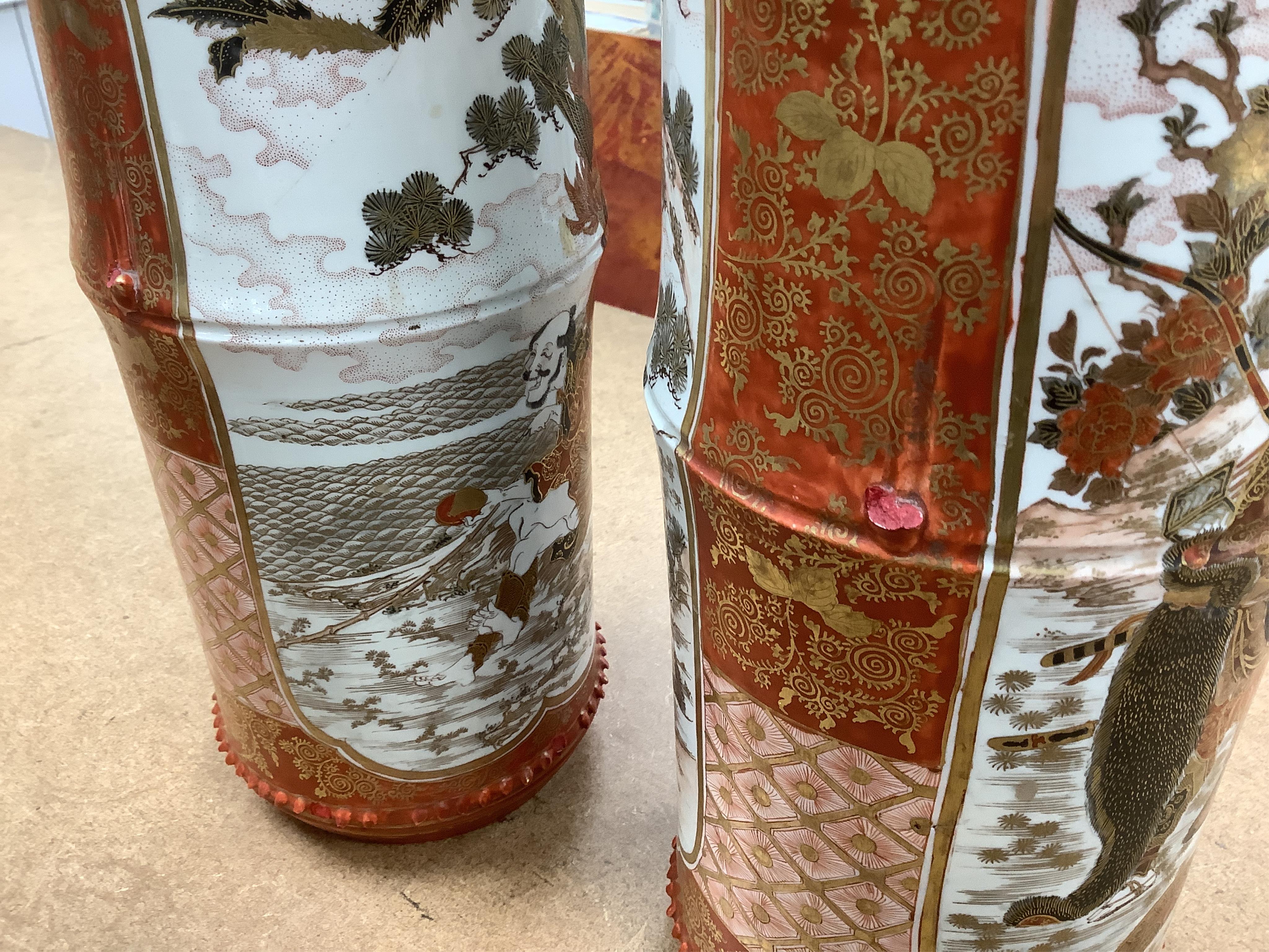 A pair of large Japanese Kutani bamboo shaped vases, Meiji period, 37.5cm high